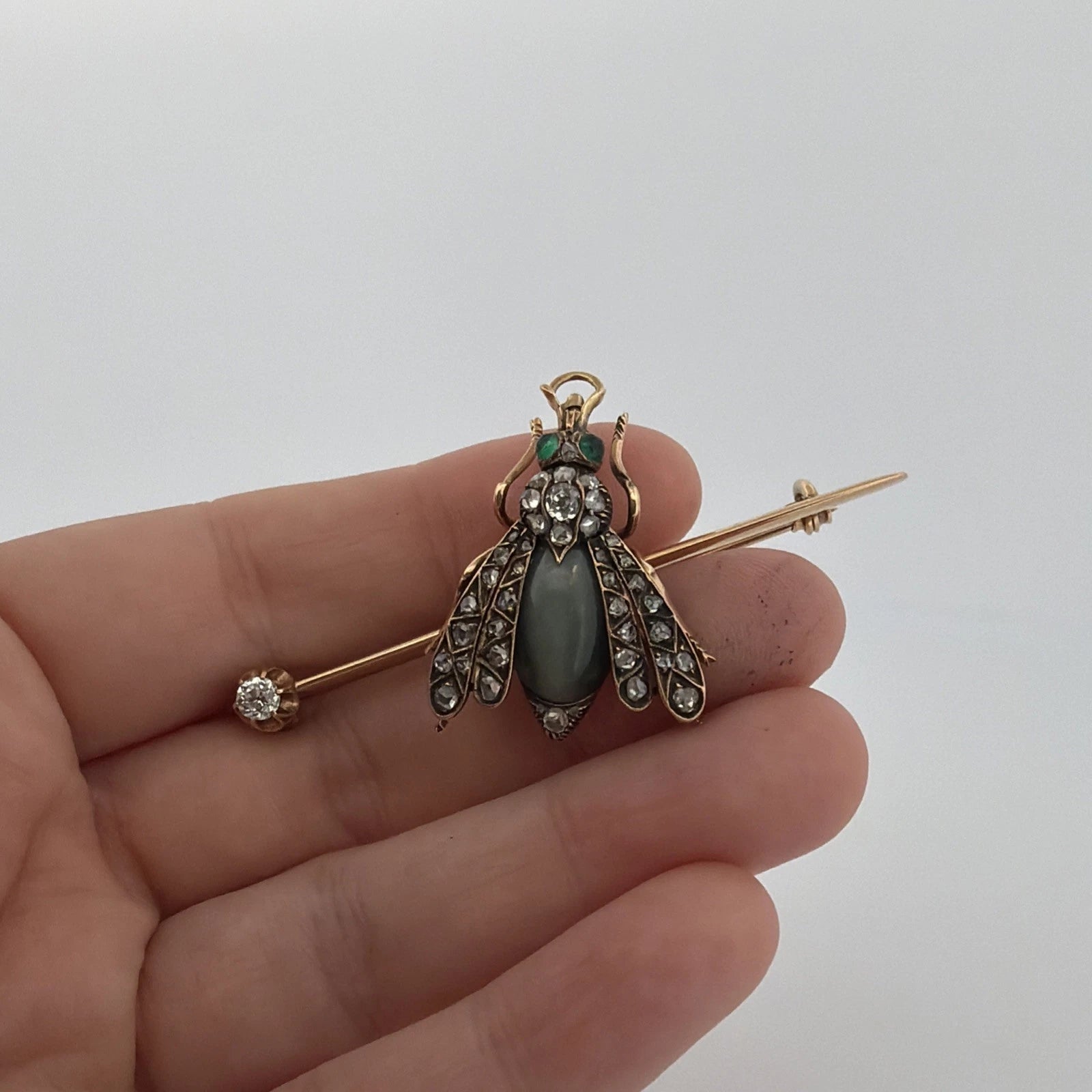 Antique Victorian Bee Brooch 14K Gold & Silver Diamond Emerald Cats Eye Quartz - Devine & Co.