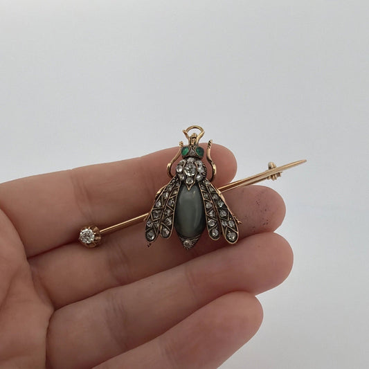 Antique Victorian Bee Brooch 14K Gold & Silver Diamond Emerald Cats Eye Quartz - Devine & Co.