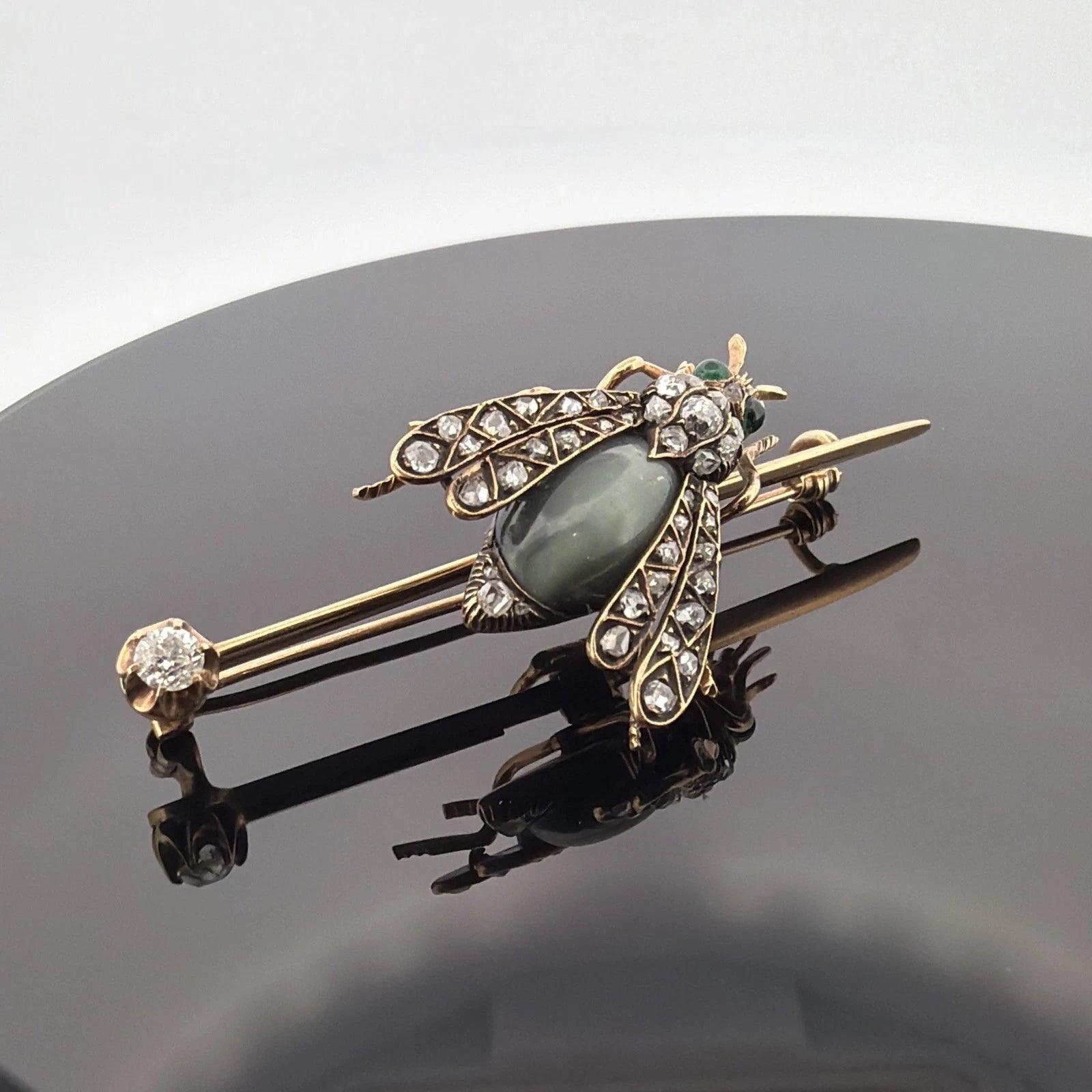 Antique Victorian Bee Brooch 14K Gold & Silver Diamond Emerald Cats Eye Quartz - Devine & Co.