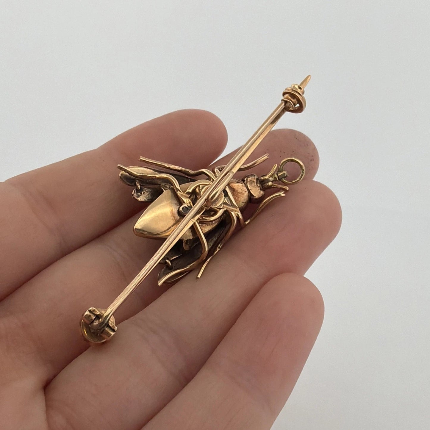 Antique Victorian Bee Brooch 14K Gold & Silver Diamond Emerald Cats Eye Quartz - Devine & Co.