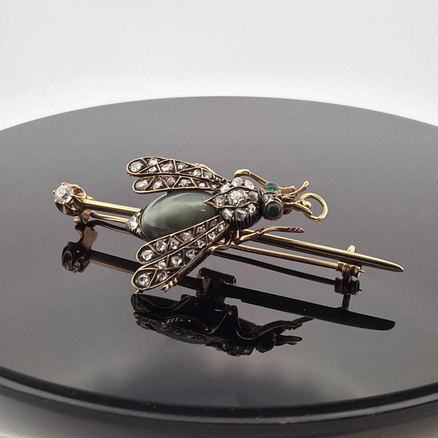 Antique Victorian Bee Brooch 14K Gold & Silver Diamond Emerald Cats Eye Quartz - Devine & Co.