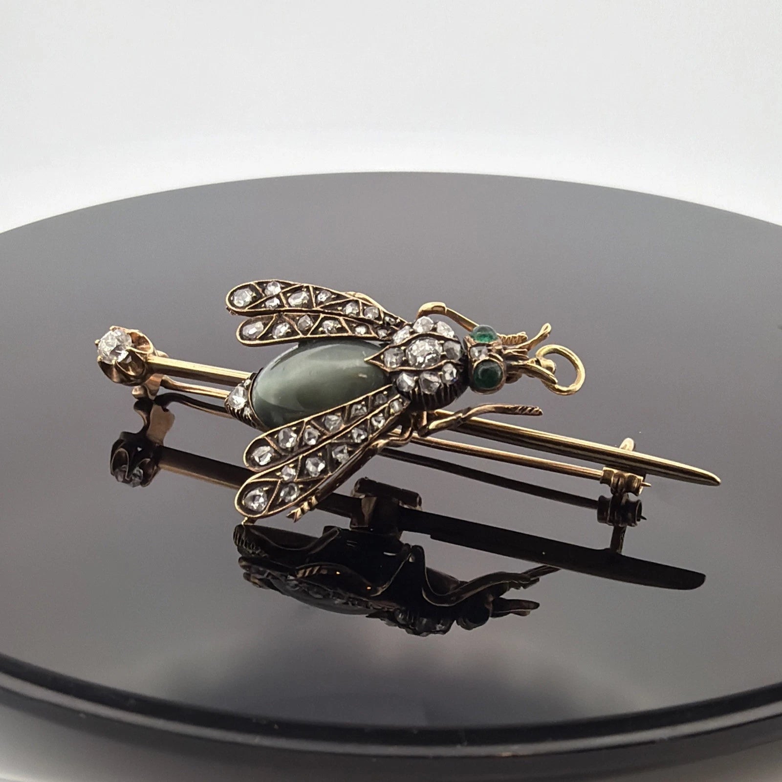 Antique Victorian Bee Brooch 14K Gold & Silver Diamond Emerald Cats Eye Quartz - Devine & Co.