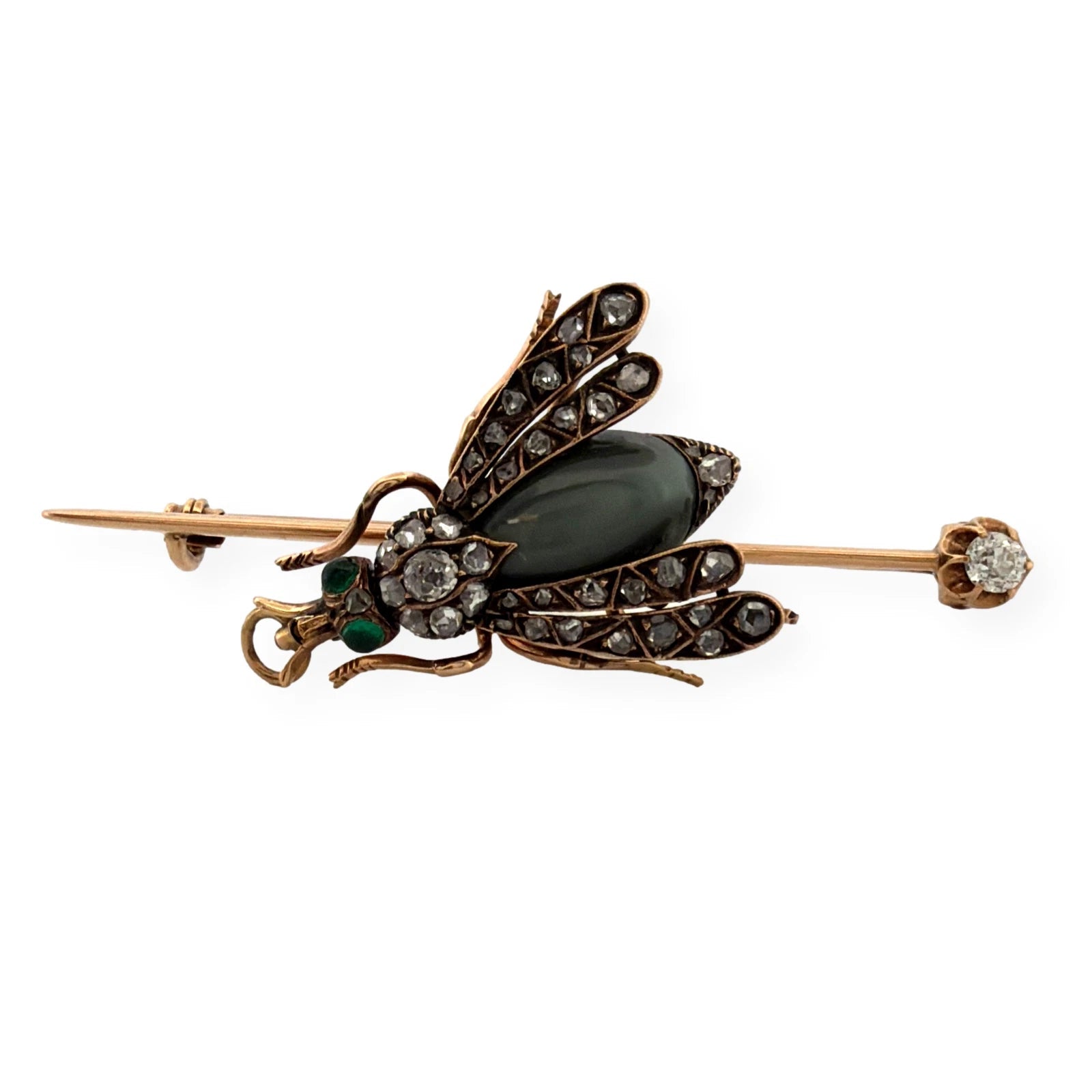 Antique Victorian Bee Brooch 14K Gold & Silver Diamond Emerald Cats Eye Quartz - Devine & Co.