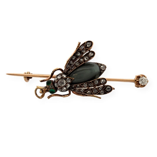 Antique Victorian Bee Brooch 14K Gold & Silver Diamond Emerald Cats Eye Quartz - Devine & Co.