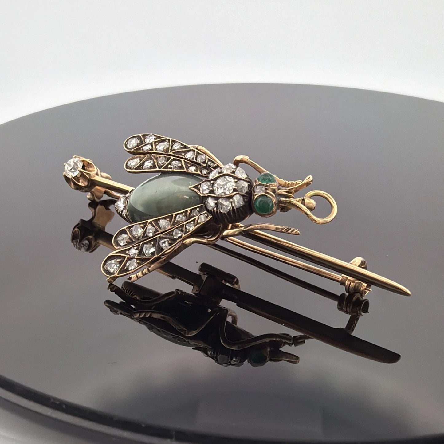 Antique Victorian Bee Brooch 14K Gold & Silver Diamond Emerald Cats Eye Quartz - Devine & Co.