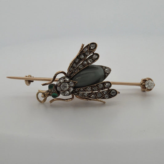 Antique Victorian Bee Brooch 14K Gold & Silver Diamond Emerald Cats Eye Quartz - Devine & Co.