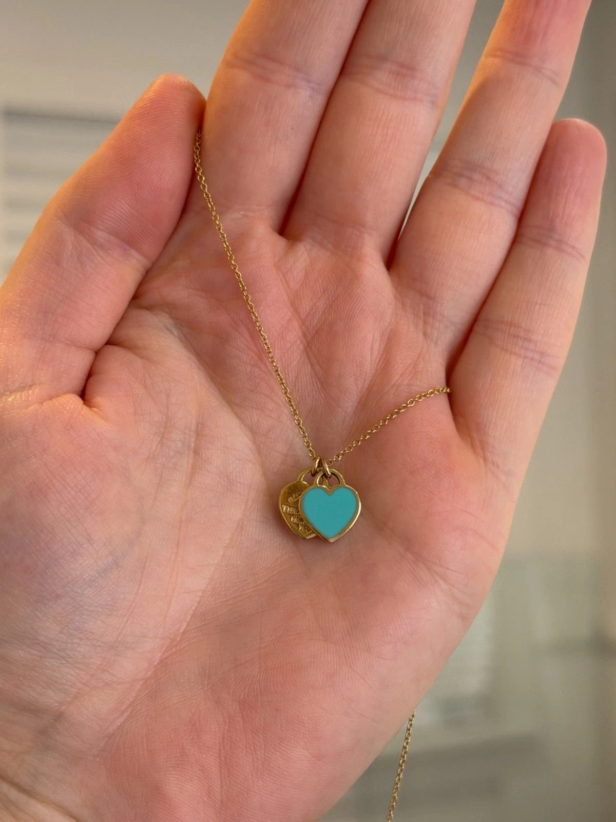 Consignment - Tiffany & Co. 18k Yellow Gold Mini Double Heart Tag Pendant Necklace - 18k gold, yellow gold, necklace - (im...