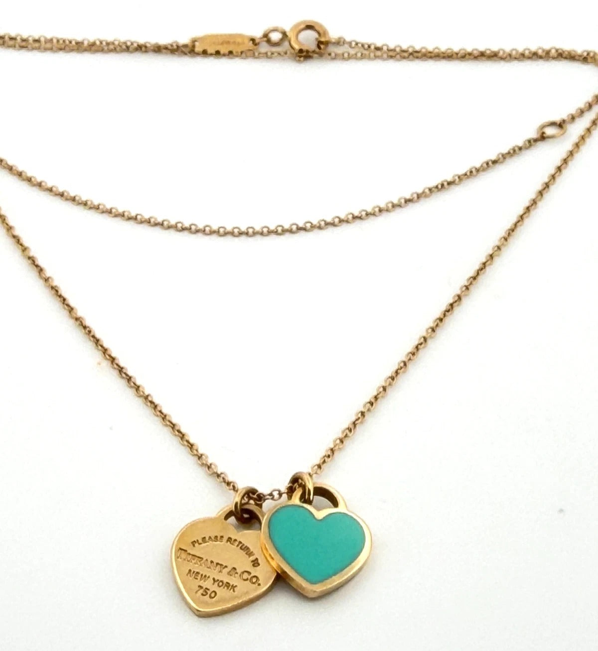 Consignment - Tiffany & Co. 18k Yellow Gold Mini Double Heart Tag Pendant Necklace - 18k gold, yellow gold, necklace - (im...