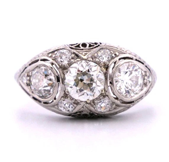 1920s Art Deco Old European Cuts Handmade Filigree 2.00CTW Platinum Diamond Ring