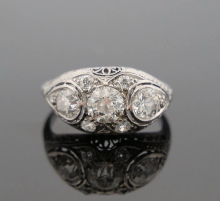 1920s Art Deco Old European Cuts Handmade Filigree 2.00CTW Platinum Diamond Ring