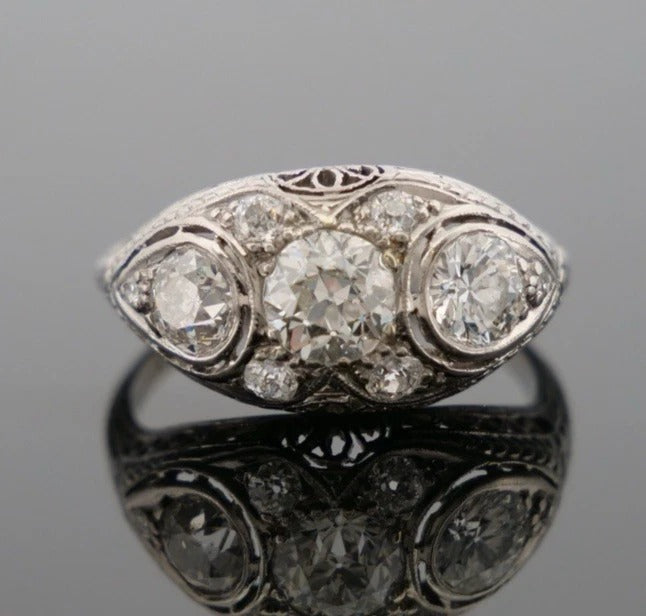 1920s Art Deco Old European Cuts Handmade Filigree 2.00CTW Platinum Diamond Ring