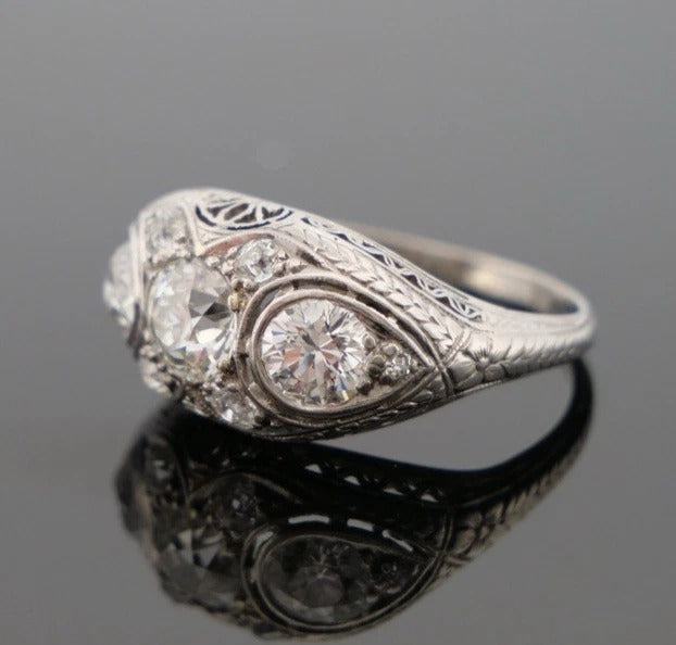 1920s Art Deco Old European Cuts Handmade Filigree 2.00CTW Platinum Diamond Ring