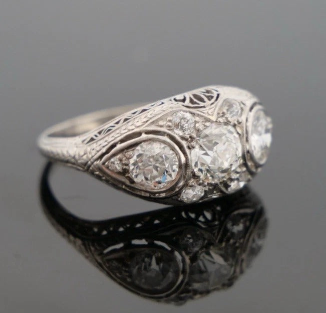 1920s Art Deco Old European Cuts Handmade Filigree 2.00CTW Platinum Diamond Ring