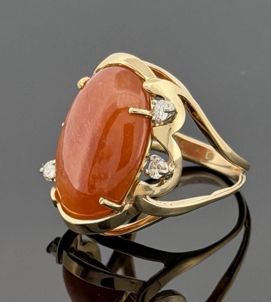 14K Yellow Gold Freeform Large Natural Orange Jadeite Cabochon & Diamond Ring by Devine & Co — angled view
