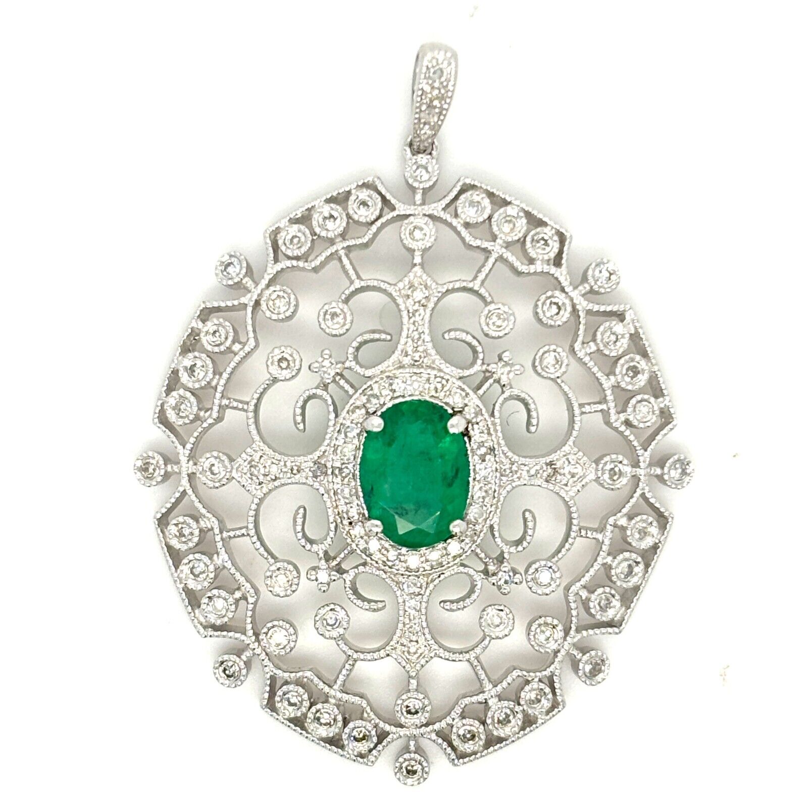 EFFY 14K White Gold Natural Diamond & Oval Green Emerald Filigree Pendant - Devine & Co.