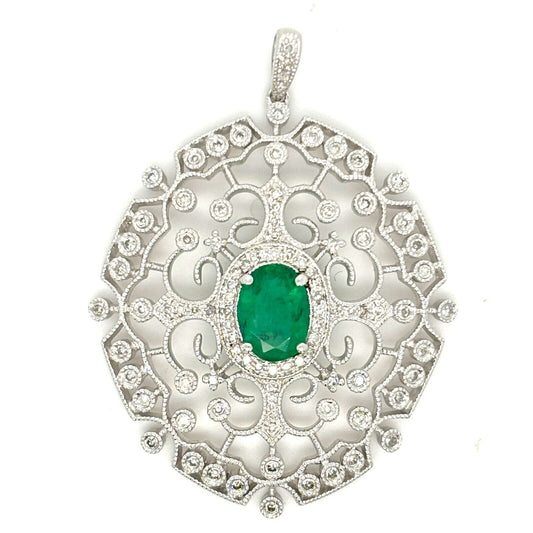 EFFY 14K White Gold Natural Diamond & Oval Green Emerald Filigree Pendant - Devine & Co.