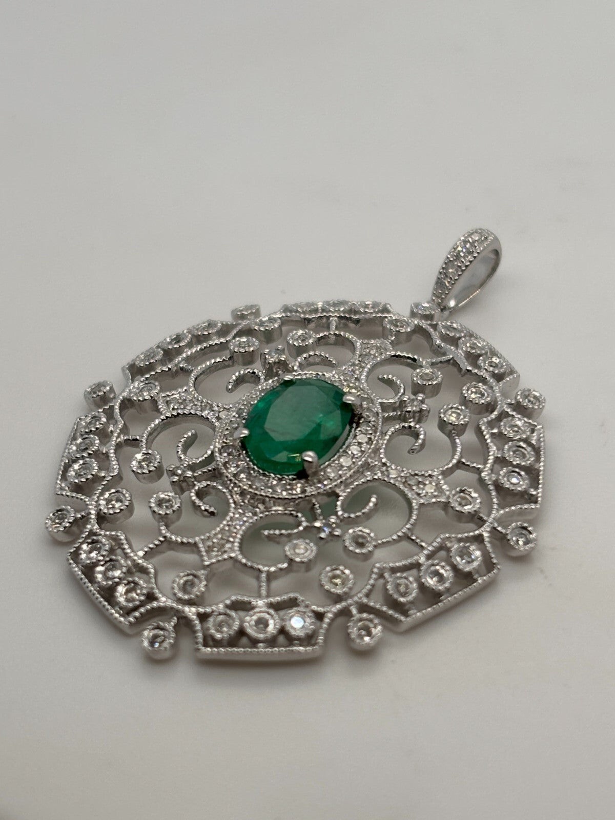 EFFY 14K White Gold Natural Diamond & Oval Green Emerald Filigree Pendant - Devine & Co.