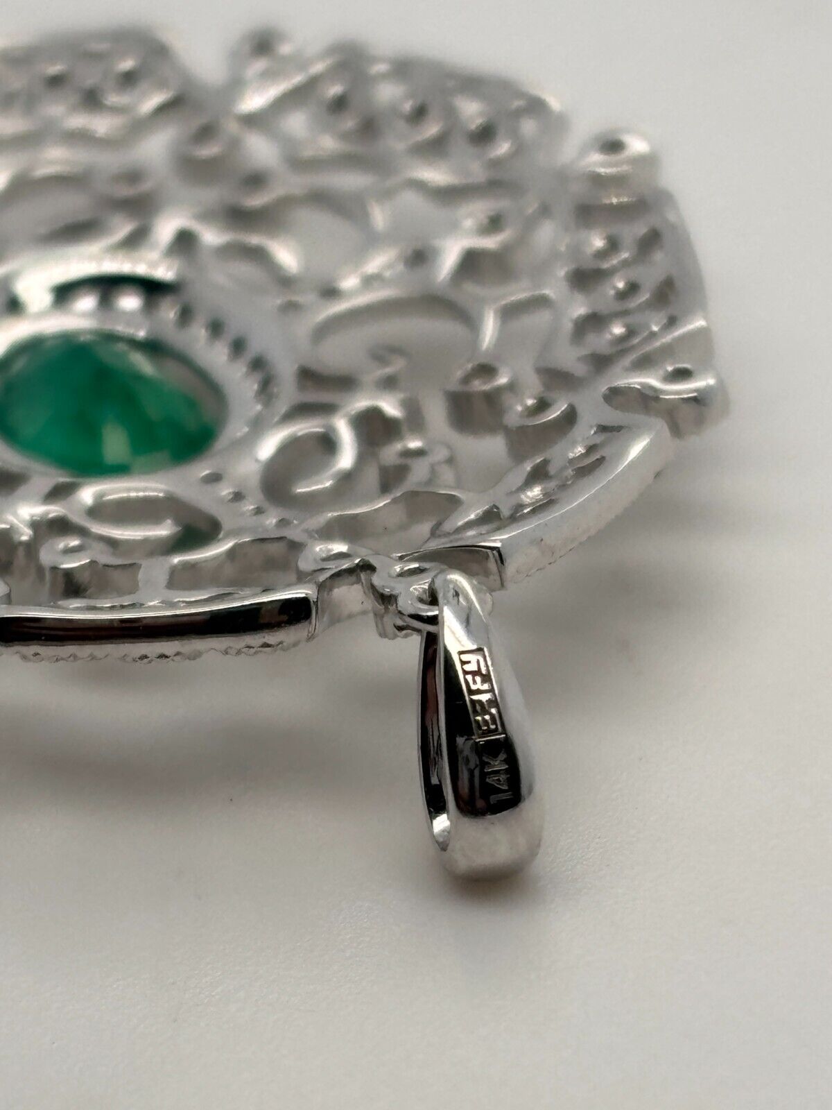EFFY 14K White Gold Natural Diamond & Oval Green Emerald Filigree Pendant - Devine & Co.