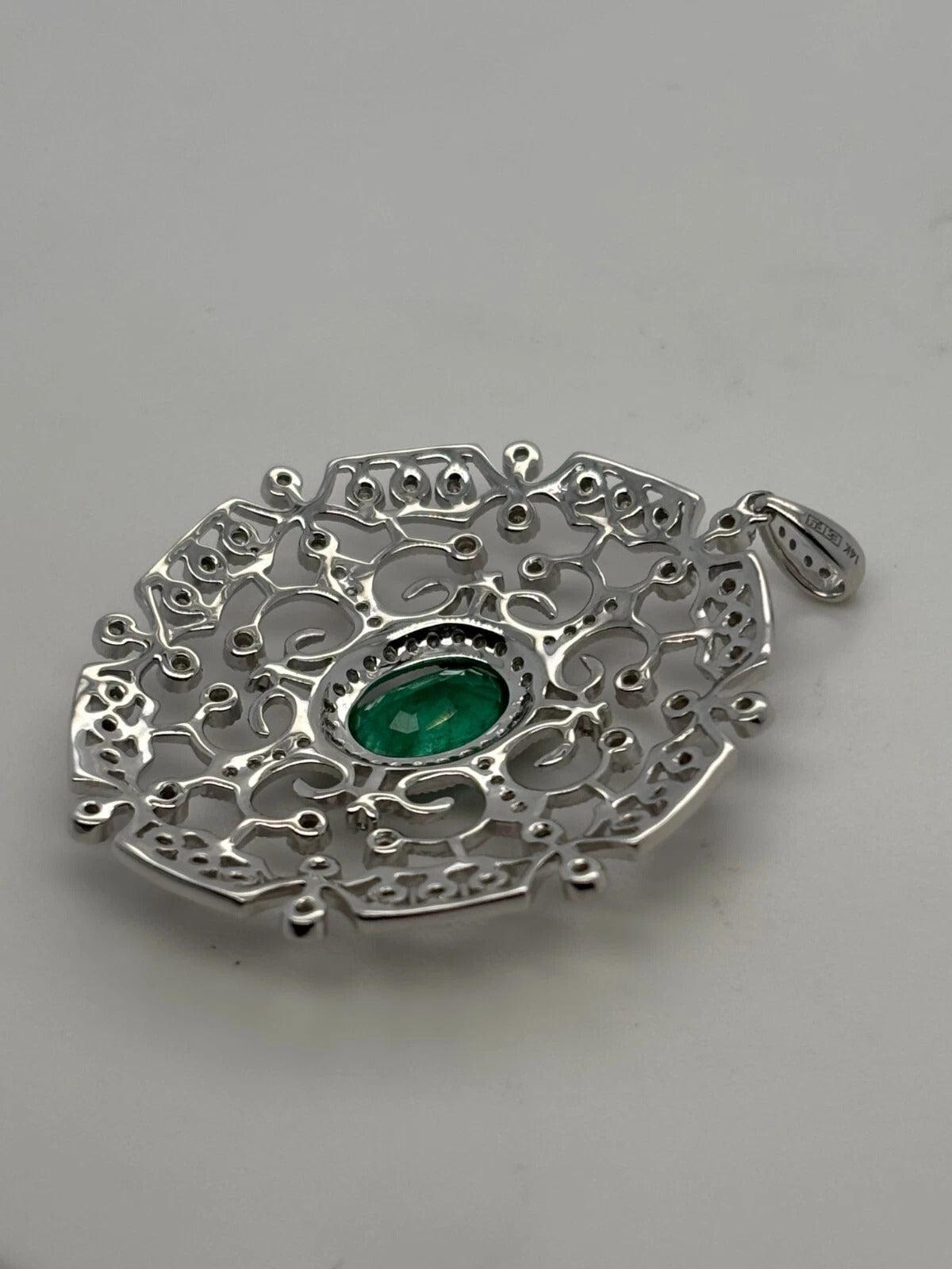 EFFY 14K White Gold Natural Diamond & Oval Green Emerald Filigree Pendant - Devine & Co.