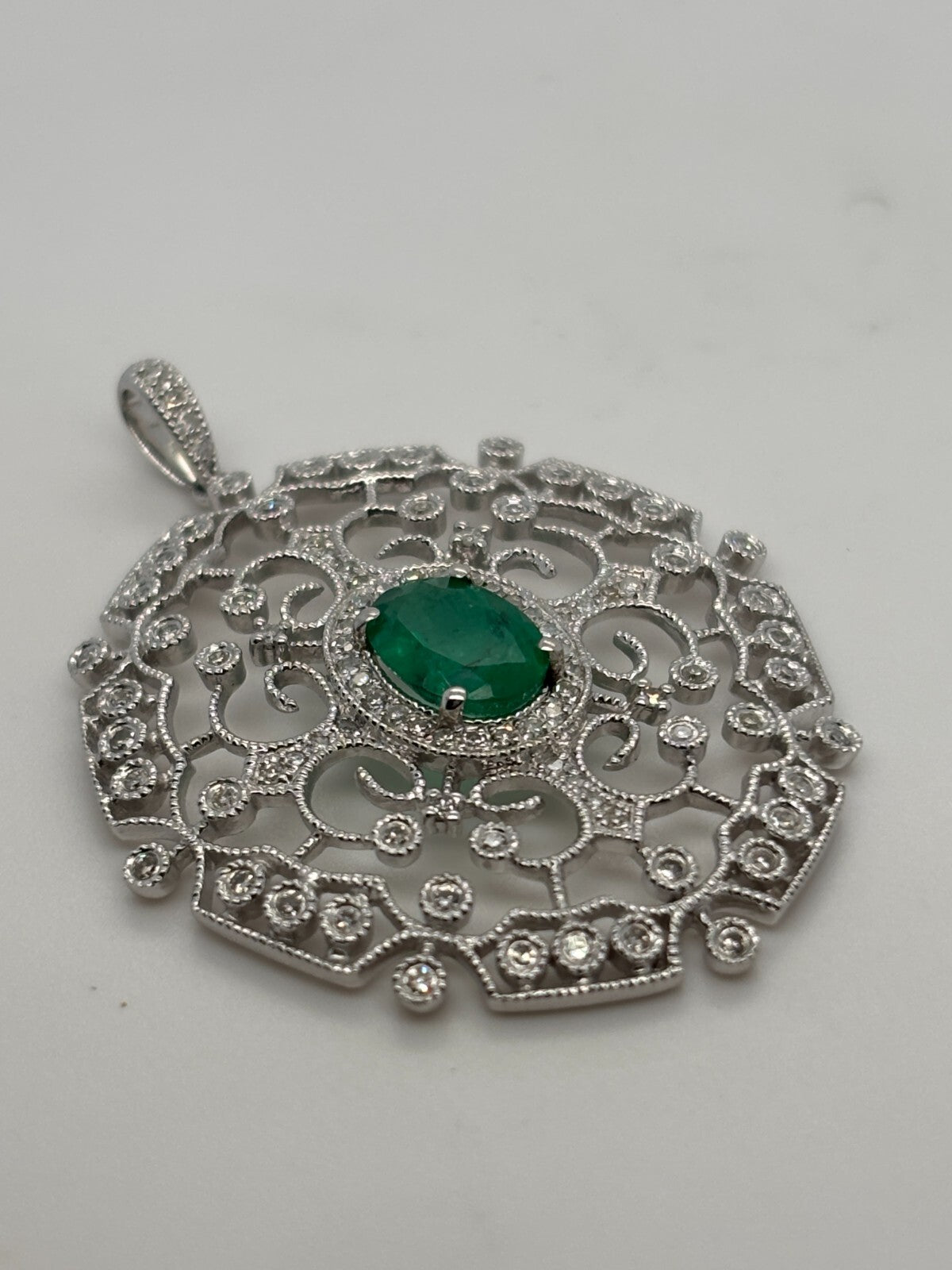 EFFY 14K White Gold Natural Diamond & Oval Green Emerald Filigree Pendant - Devine & Co.