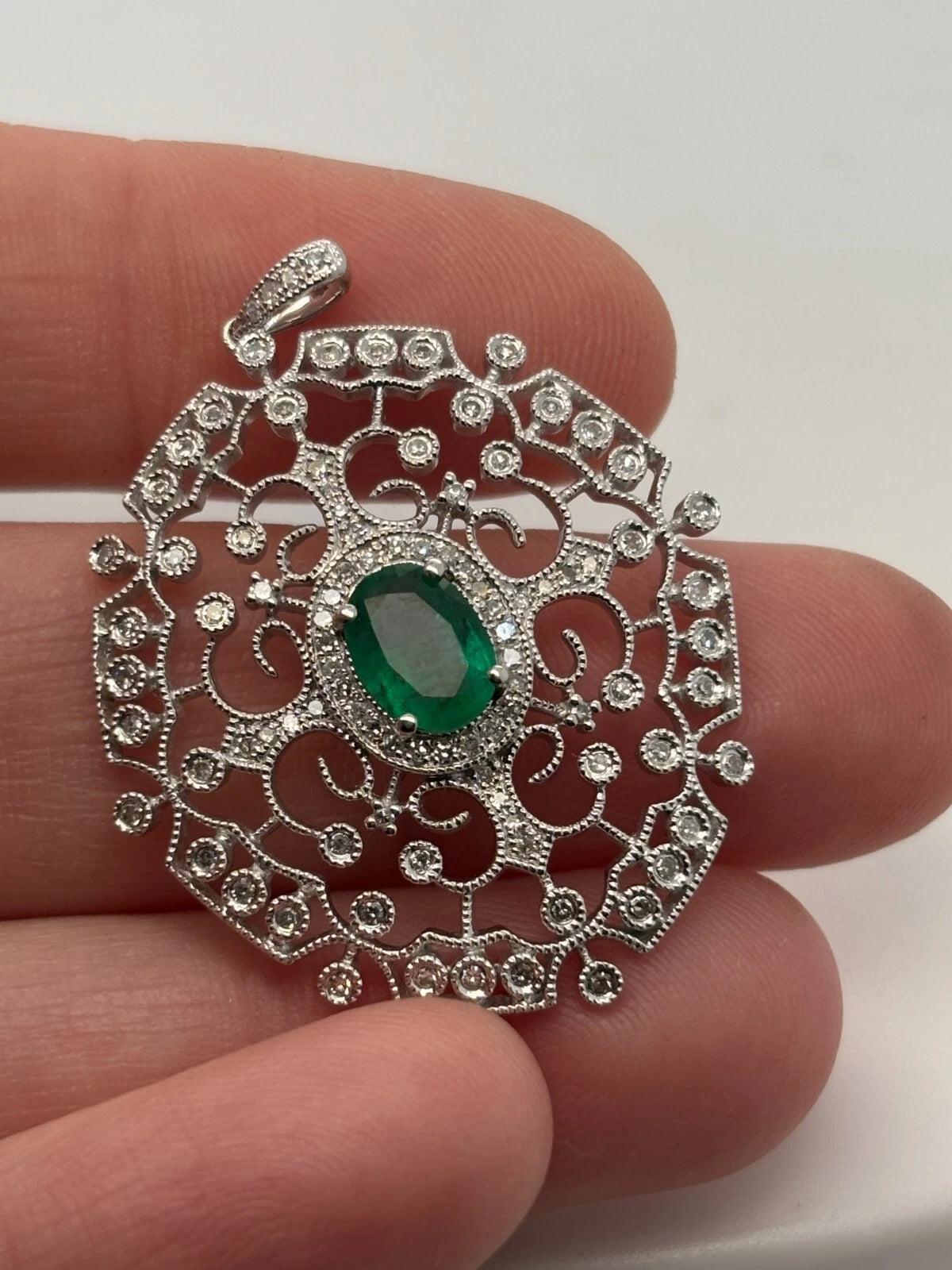 EFFY 14K White Gold Natural Diamond & Oval Green Emerald Filigree Pendant - Devine & Co.