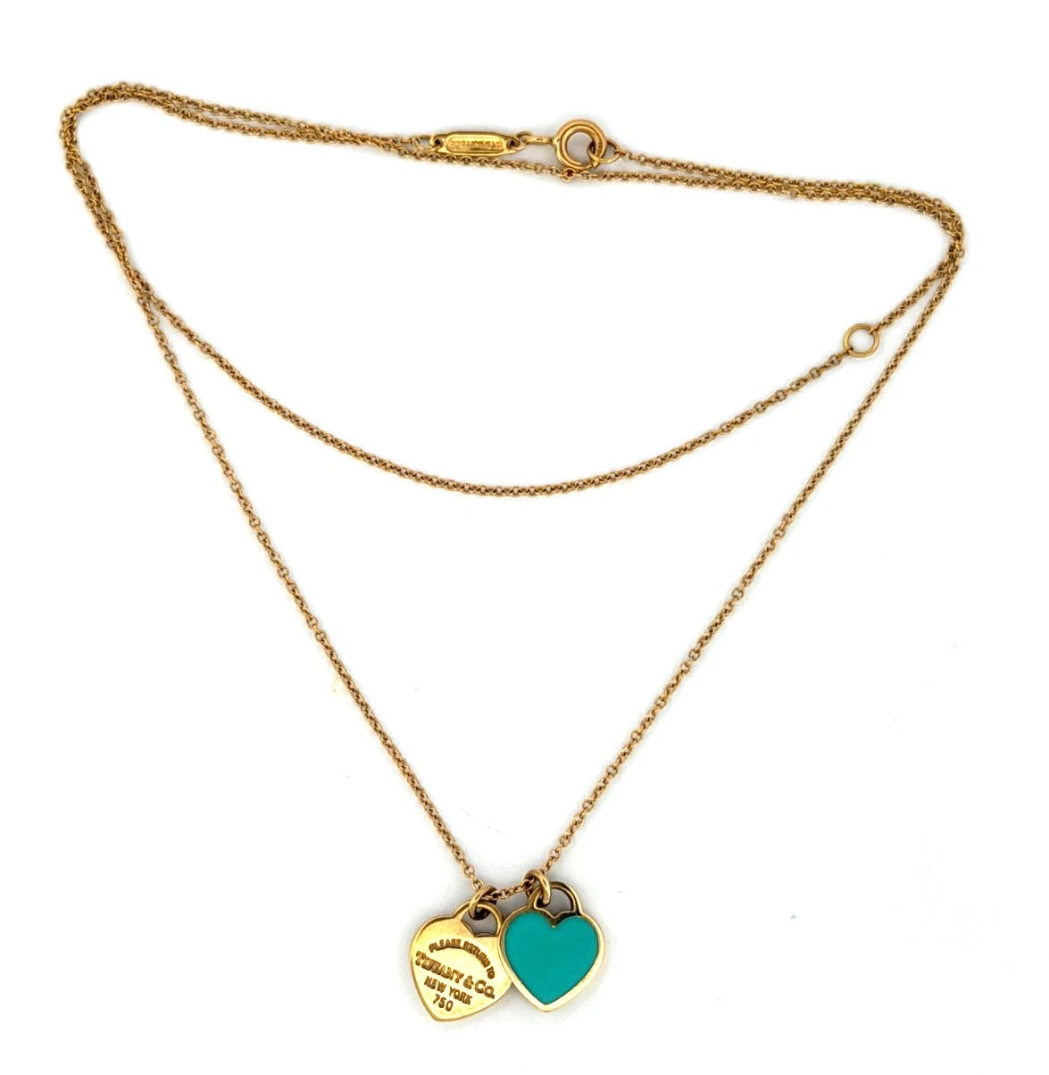 Consignment - Tiffany & Co. 18k Yellow Gold Mini Double Heart Tag Pendant Necklace - 18k gold, yellow gold, necklace - (im...