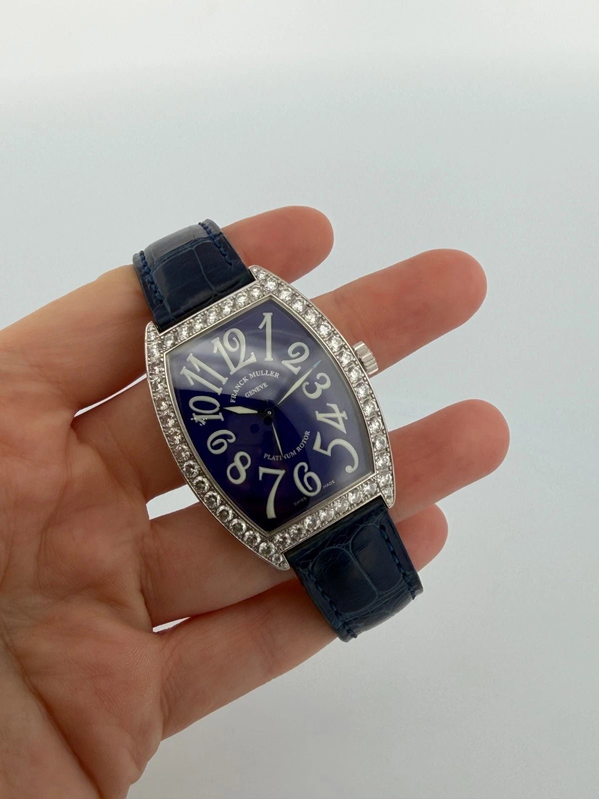 Franck Muller 6850 SC DP Diamond Dial Watch Blue Strap Automatic Platinum Rotor - Devine & Co.