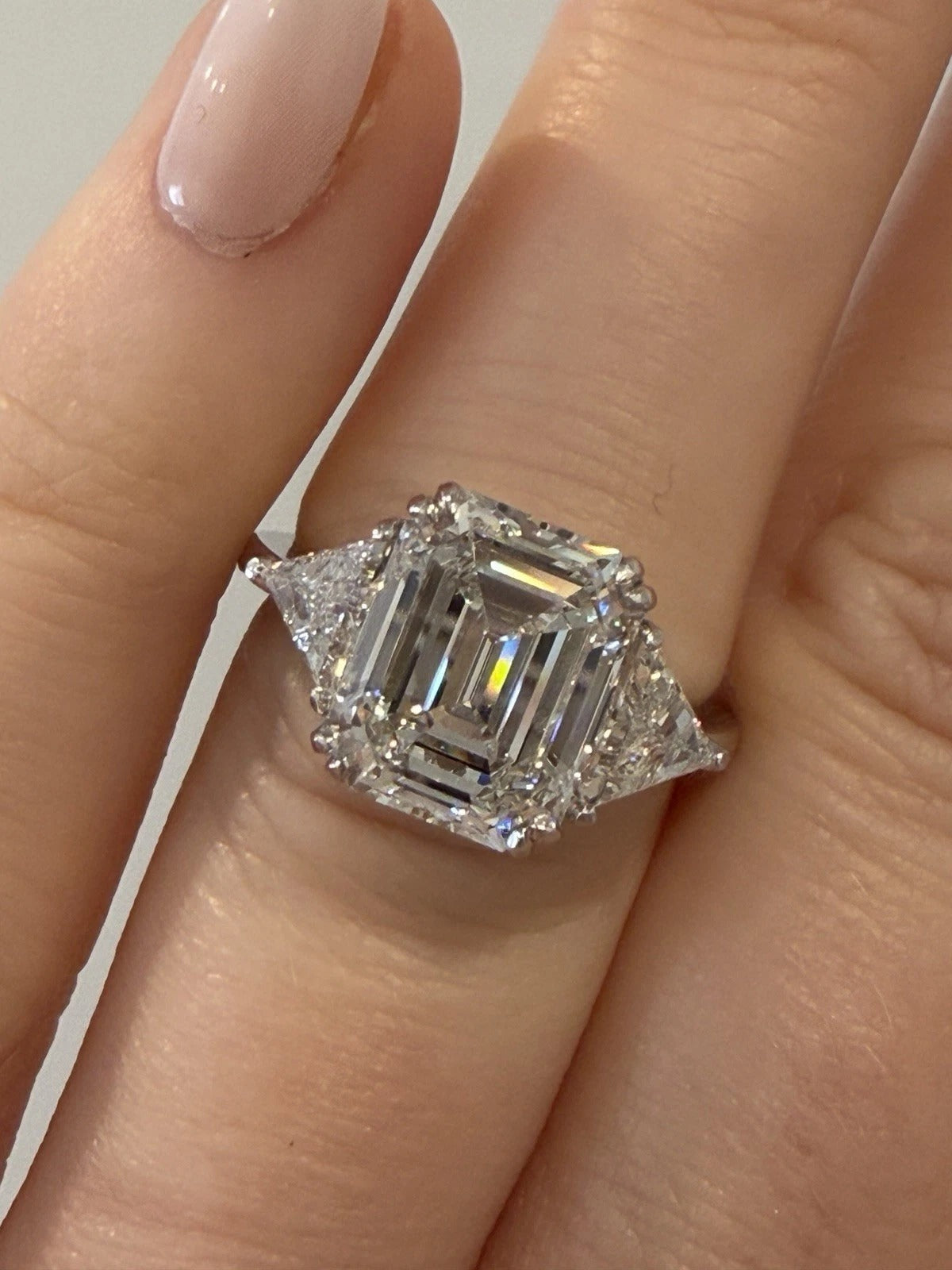 Consignment - Platinum Three-Stone Ring 4.10ct Emerald Cut Diamond GIA Certified Trillion Sides Size 6.5 - platinum, diamo...