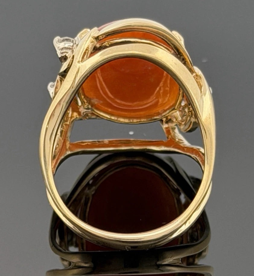 14K Yellow Gold Freeform Large Natural Orange Jadeite Cabochon & Diamond Ring by Devine & Co — detail view