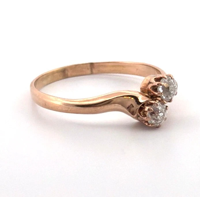 Antique 14K Rose Gold 0.40CTW Old Mine Cut Diamond 2-Stone Bypass Ring Size 9.75