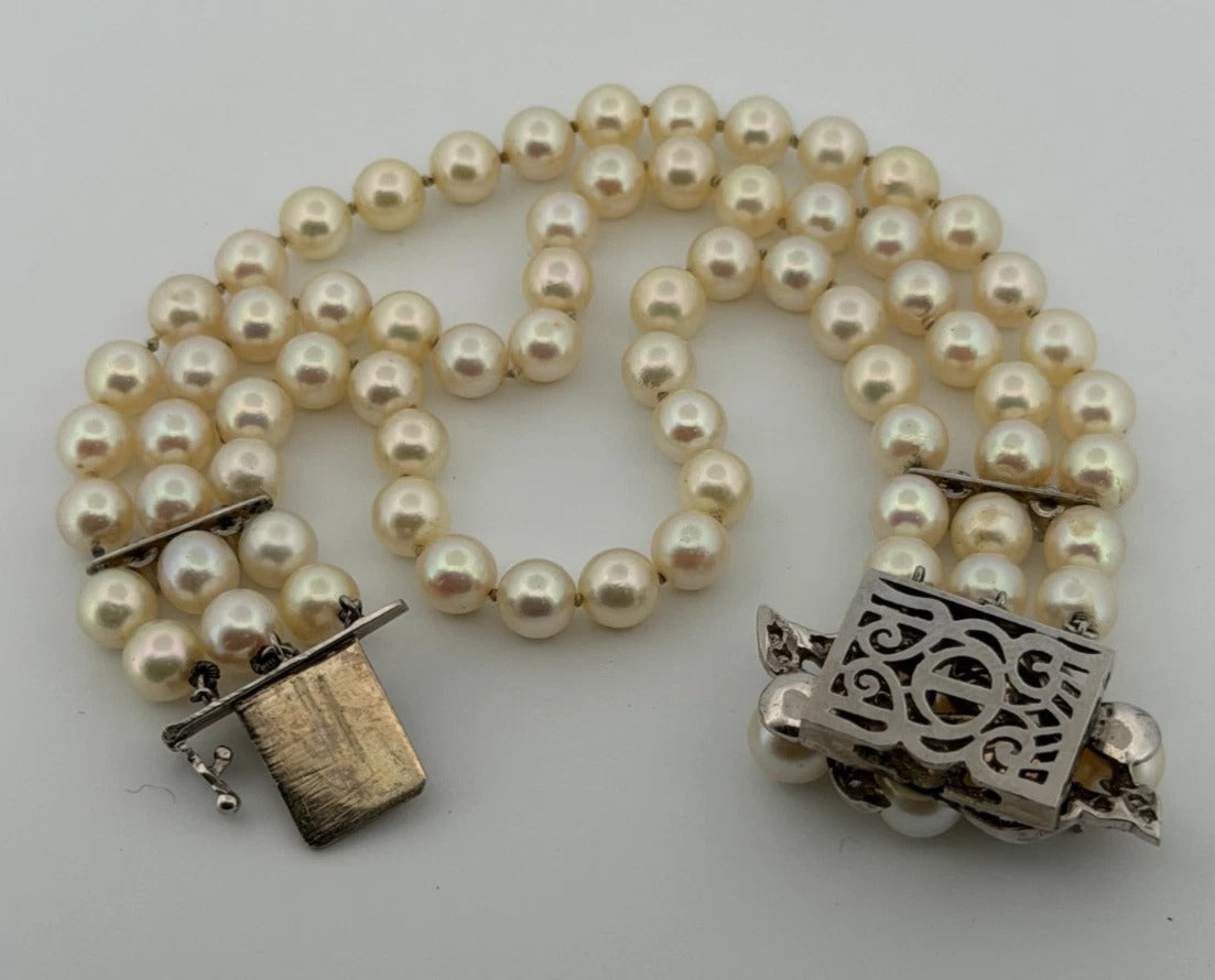 Vintage 10K White Gold 5.50-6mm Three-Strand Akoya Pearl & Diamond Bracelet