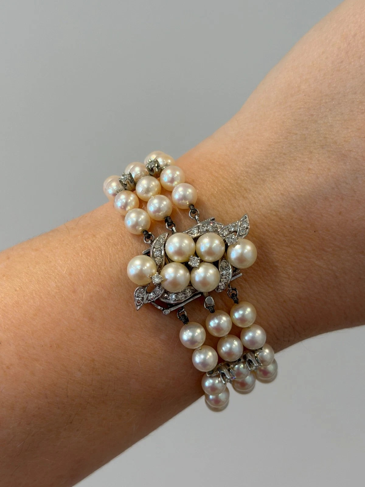 Vintage 10K White Gold 5.50-6mm Three-Strand Akoya Pearl & Diamond Bracelet