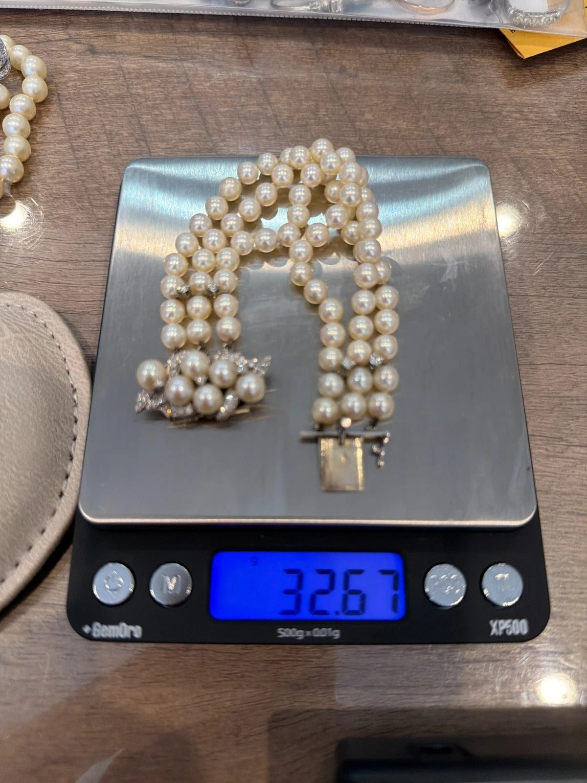 Vintage 10K White Gold 5.50-6mm Three-Strand Akoya Pearl & Diamond Bracelet