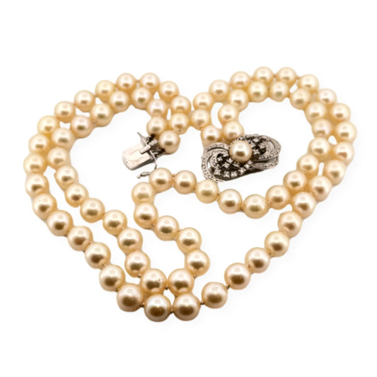 Vintage 10K White Gold Diamond Clasp Two-Strand Akoya Pearl Necklace
