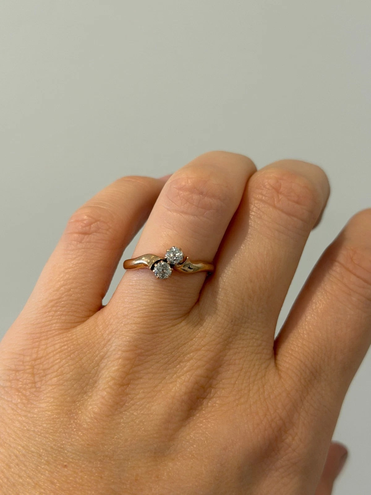 Antique 14K Rose Gold 0.40CTW Old Mine Cut Diamond 2-Stone Bypass Ring Size 9.75