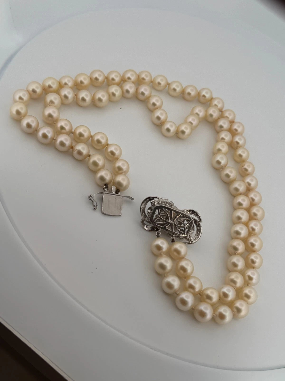 Vintage 10K White Gold Diamond Clasp Two-Strand Akoya Pearl Necklace