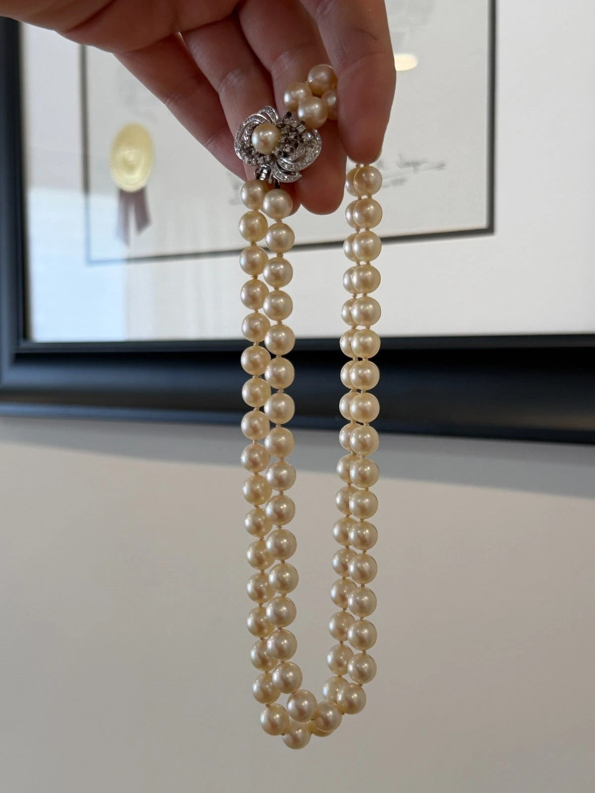 Vintage 10K White Gold Diamond Clasp Two-Strand Akoya Pearl Necklace