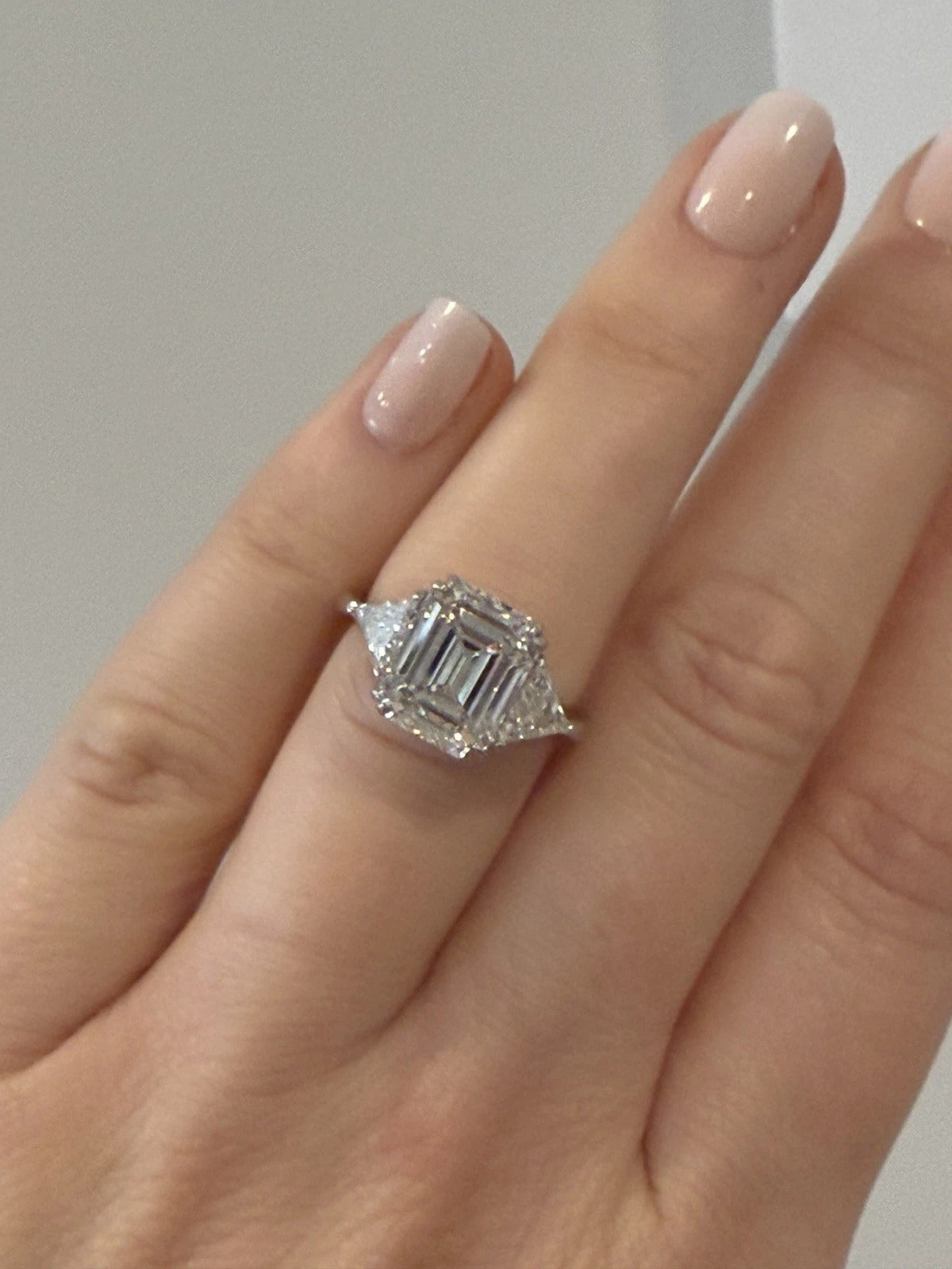 Consignment - Platinum Three-Stone Ring 4.10ct Emerald Cut Diamond GIA Certified Trillion Sides Size 6.5 - platinum, diamo...