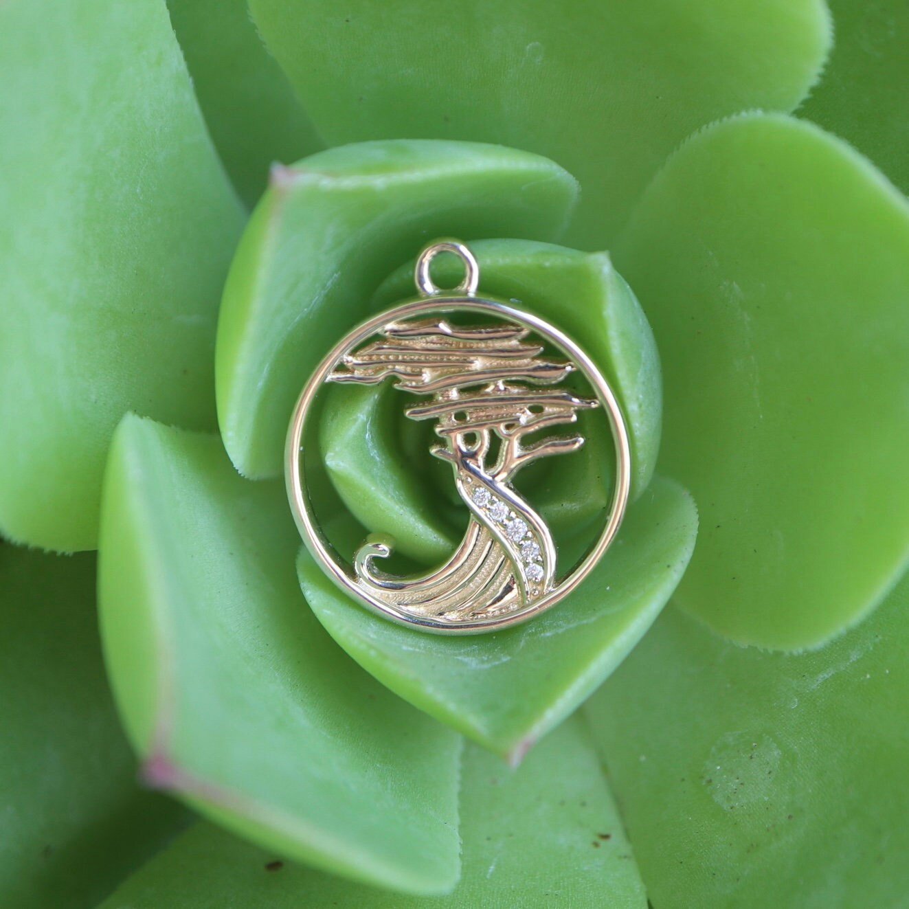 Lone Cypress Pebble Beach Wave Charm Pendant 14K & Diamonds - Devine & Co.