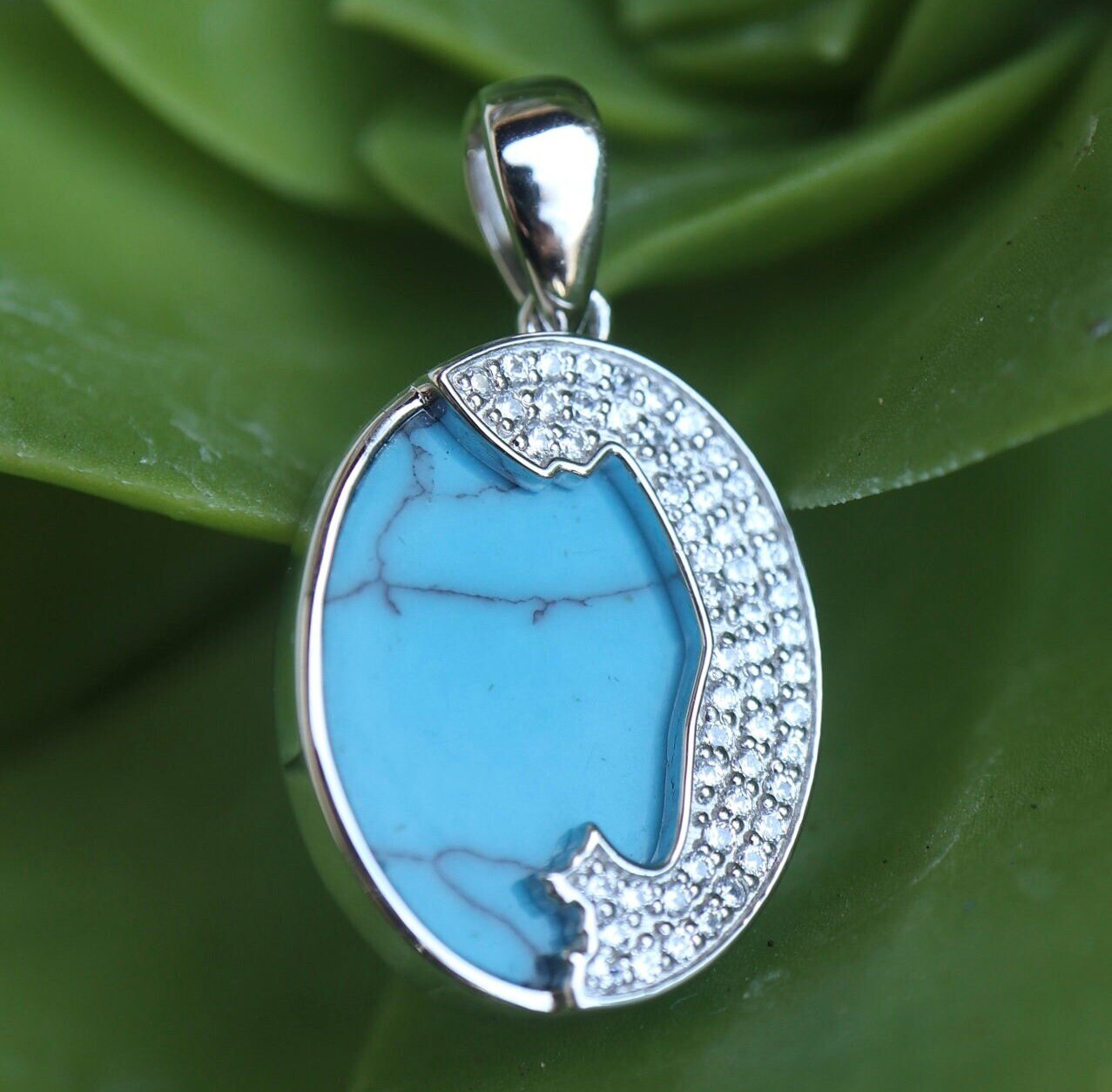 Monterey Bay Ocean Oval Pendant w/ Cubic Zirconia & Turqouise in Sterling Silver, - Devine & Co.