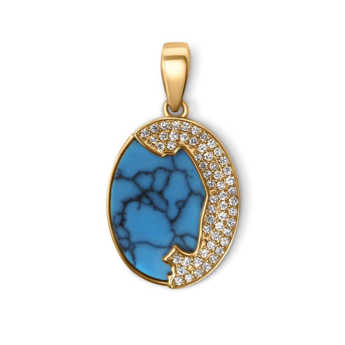 Monterey Bay Ocean Oval Pendant w/ Diamonds & Turquoise in 14K Yellow Gold - Devine & Co.