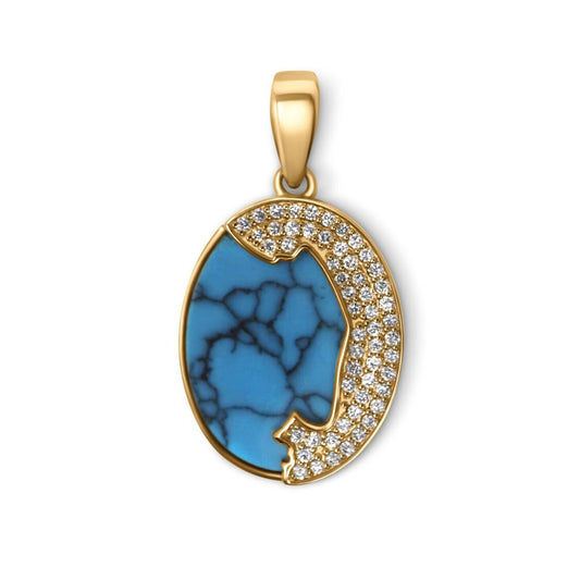 Monterey Bay Ocean Oval Pendant w/ Diamonds & Turquoise in 14K Yellow Gold - Devine & Co.