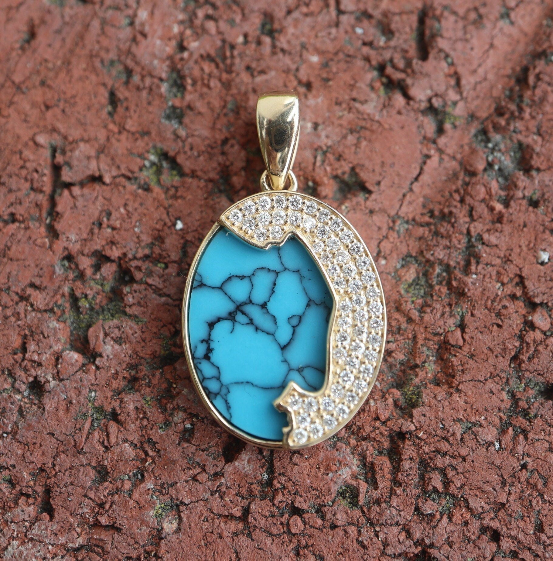 Monterey Bay Ocean Oval Pendant w/ Diamonds & Turquoise in 14K Yellow Gold - Devine & Co.