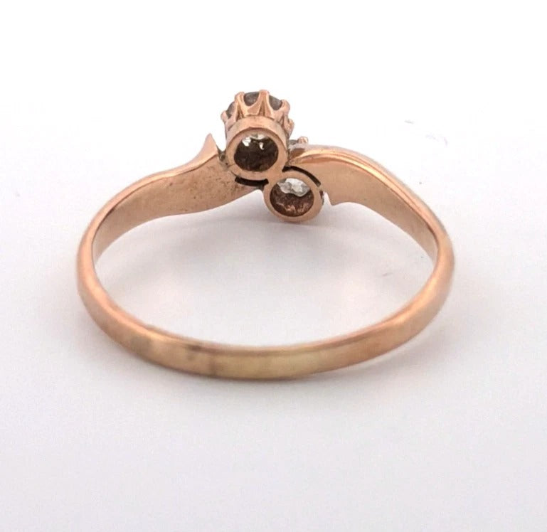 Antique 14K Rose Gold 0.40CTW Old Mine Cut Diamond 2-Stone Bypass Ring Size 9.75