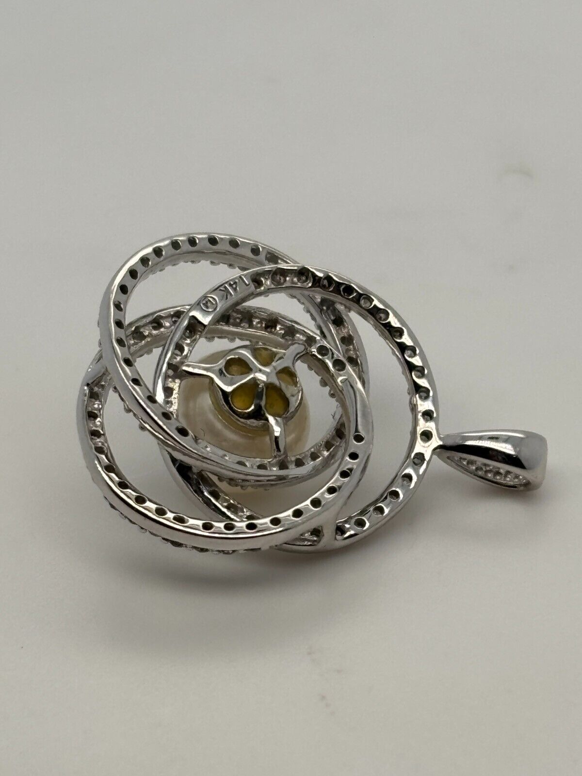 Natural Diamond & White Pearl 14K White Gold 7.20mm Pave Knot Pendant - Devine & Co.