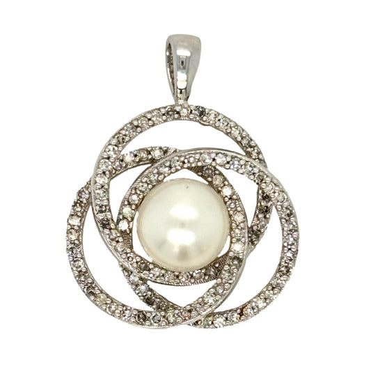 Natural Diamond & White Pearl 14K White Gold 7.20mm Pave Knot Pendant - Devine & Co.