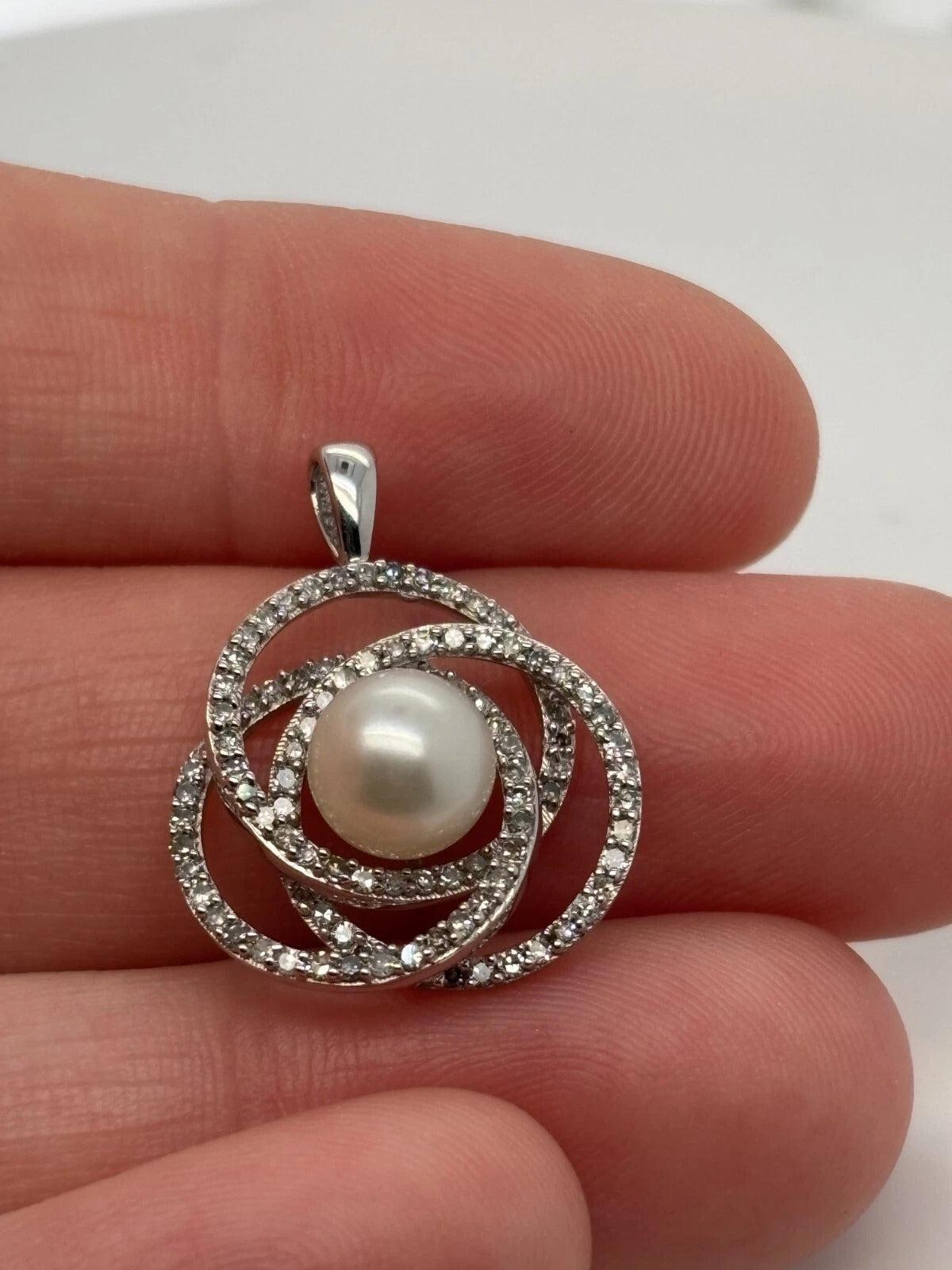 Natural Diamond & White Pearl 14K White Gold 7.20mm Pave Knot Pendant - Devine & Co.