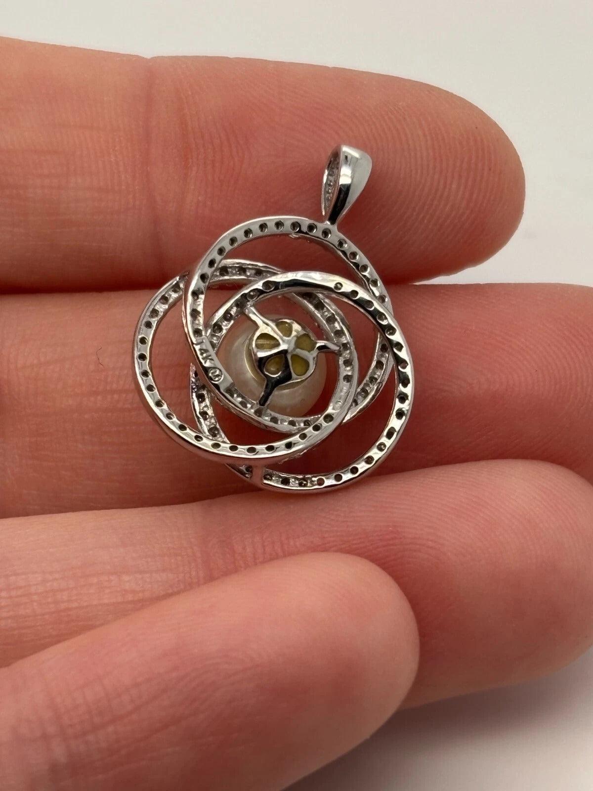 Natural Diamond & White Pearl 14K White Gold 7.20mm Pave Knot Pendant - Devine & Co.