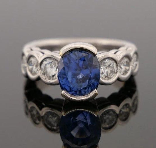 Natural Oval Sapphire Diamond 18K Gold 2.75ctw Sapphire 1.00ctw Dia Ring Size 5-Rings-Devine &amp; Co.