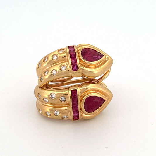 Natural Pear Shape Ruby Diamond Hoop Earrings 18K Yellow Gold CEI 11 Grams .90 - Devine & Co.